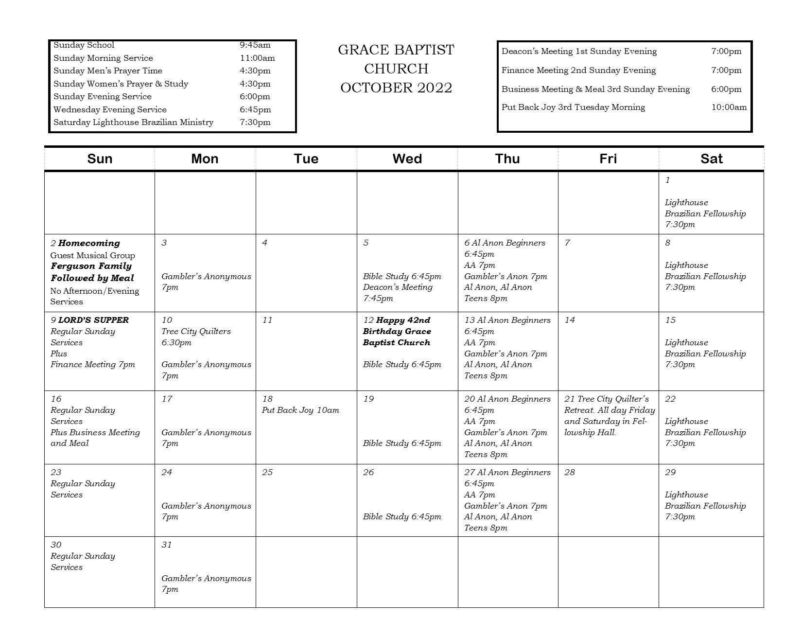 Calendar Grace Baptist Church, Gainesville, FL